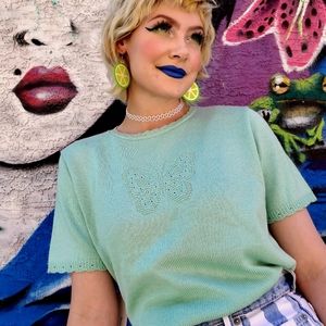 Alfred Dunner Seafoam Spring Butterfly Sweater 80's Vintage NWT